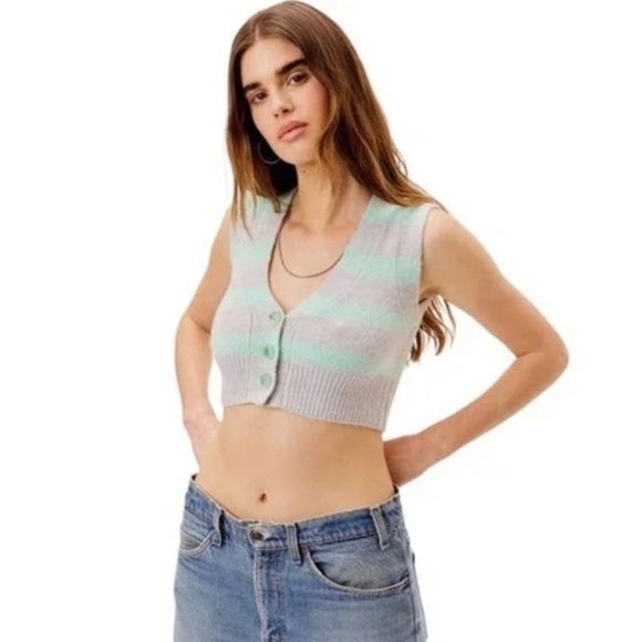 NWT For Love & Lemons Green & Gray Maud Cropped Striped Sweater Vest - Picture 1 of 3